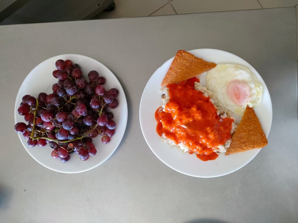 Comida balanceada que promueve la nutrición en la vejez: uvas, arroz con tomate, huevo frito y san jacobo
